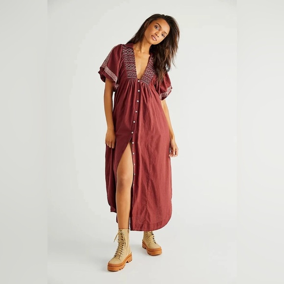 Free People Maroon Embroidered Puff Sleeve Midi Dress sz S - Picture 5 of 7